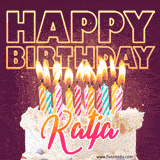 A colorful birthday cake topped with lit candles, with the words 'Happy Birthday Katja' in bold glowing letters on a burgundy background. Animated flames add a festive touch.