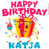 A vibrant and funny gift box character with a happy face dancing with a cupcake and the text 'Happy Birthday Katja,' surrounded by animated confetti and party vibes.
