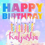 A vibrant animated name GIF with the words 'Happy Birthday Katjusha' with colorful candles on a creamy cake. The background sparkles with pastel shades, adding a festive touch.