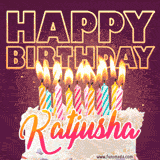 A colorful birthday cake topped with lit candles, with the words 'Happy Birthday Katjusha' in bold glowing letters on a burgundy background. Animated flames add a festive touch.