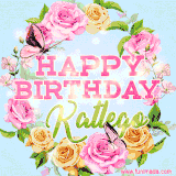 A charming animated GIF featuring 'Happy Birthday Katlego' in pink and green text, surrounded by delicate roses, leaves, and fluttering butterflies on a soft light blue pastel background.