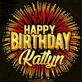 Golden 'Happy Birthday Katlyn' text accompanied by animated rainbow fireworks for a festive animated greeting.