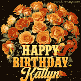 Animated bouquet of orange roses with moving butterfles and golden 'Happy Birthday Katlyn' text, surrounded by sparkling accents and a dark backdrop for a luxurious feel.