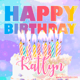 A vibrant animated name GIF with the words 'Happy Birthday Katlyn' with colorful candles on a creamy cake. The background sparkles with pastel shades, adding a festive touch.