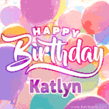 A vibrant name GIF featuring colorful balloons in shades of pink, orange, and yellow with the bold text 'Happy Birthday Katlyn' in festive fonts, creating a lively birthday vibe.