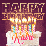 A colorful birthday cake topped with lit candles, with the words 'Happy Birthday Katri' in bold glowing letters on a burgundy background. Animated flames add a festive touch.