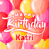 A vibrant name GIF featuring colorful balloons in shades of pink, orange, and yellow with the bold text 'Happy Birthday Katri' in festive fonts, creating a lively birthday vibe.