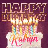 A colorful birthday cake topped with lit candles, with the words 'Happy Birthday Katrijn' in bold glowing letters on a burgundy background. Animated flames add a festive touch.