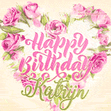 A stunning heart made of pink roses surrounds the elegant script text 'Happy Birthday Katrijn' on a soft beige background. Animated sparkles add a magical and festive feel.