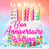 A white birthday cake covered in colorful sprinkles, topped with bright candles, and French text 'Bon Anniversaire Katrina' on a pastel gradient background in an animated GIF.