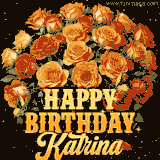 Animated bouquet of orange roses with moving butterfles and golden 'Happy Birthday Katrina' text, surrounded by sparkling accents and a dark backdrop for a luxurious feel.