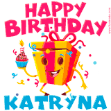 A vibrant and funny gift box character with a happy face dancing with a cupcake and the text 'Happy Birthday Katryna,' surrounded by animated confetti and party vibes.