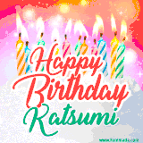 Bright birthday candles with rainbow flames on a cake, alongside the text 'Happy Birthday Katsumi' in vibrant script in this celebratory animated GIF.