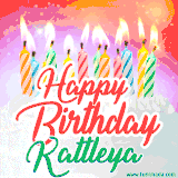 Bright birthday candles with rainbow flames on a cake, alongside the text 'Happy Birthday Kattleya' in vibrant script in this celebratory animated GIF.