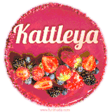 Beautifully decorated red velvet berry birthday cake with vibrant fruits and a glowing 'Kattleya' name, adding a touch of sweetness and sparkle.