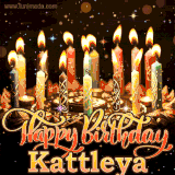 A glowing personalized birthday GIF with name Kattleya featuring lit candles with intricate designs, warm lighting, and the text 'Happy Birthday' in an elegant font.