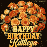Animated bouquet of orange roses with moving butterfles and golden 'Happy Birthday Kattleya' text, surrounded by sparkling accents and a dark backdrop for a luxurious feel.