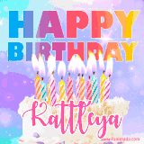 A vibrant animated name GIF with the words 'Happy Birthday Kattleya' with colorful candles on a creamy cake. The background sparkles with pastel shades, adding a festive touch.