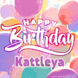 A vibrant name GIF featuring colorful balloons in shades of pink, orange, and yellow with the bold text 'Happy Birthday Kattleya' in festive fonts, creating a lively birthday vibe.