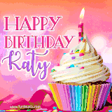 A vibrant birthday GIF featuring a rainbow-colored cupcake topped with white frosting, sprinkles, and a lit candle. The text reads 'Happy Birthday Katy' in bold pink and violet letters with white outline.