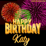 A golden 'Happy Birthday Katy' message with vibrant fireworks in the background, creating a festive and celebratory vibe in this animated name GIF.