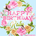 A charming animated GIF featuring 'Happy Birthday Katy' in pink and green text, surrounded by delicate roses, leaves, and fluttering butterflies on a soft light blue pastel background.