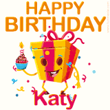 A vibrant and funny gift box character with a happy face dancing with a cupcake and the text 'Happy Birthday Katy,' surrounded by animated confetti and party vibes.