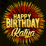 Golden 'Happy Birthday Katya' text accompanied by animated rainbow fireworks for a festive animated greeting.