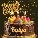 A delightful chocolate birthday cake with bright candles and 'Happy Birthday Katya' written in gold amidst a shower of animated stars.