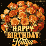 Animated bouquet of orange roses with moving butterfles and golden 'Happy Birthday Katya' text, surrounded by sparkling accents and a dark backdrop for a luxurious feel.