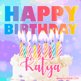 A vibrant animated name GIF with the words 'Happy Birthday Katya' with colorful candles on a creamy cake. The background sparkles with pastel shades, adding a festive touch.