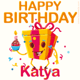 A vibrant and funny gift box character with a happy face dancing with a cupcake and the text 'Happy Birthday Katya,' surrounded by animated confetti and party vibes.