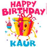A vibrant and funny gift box character with a happy face dancing with a cupcake and the text 'Happy Birthday Kaur,' surrounded by animated confetti and party vibes.