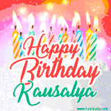 Bright birthday candles with rainbow flames on a cake, alongside the text 'Happy Birthday Kausalya' in vibrant script in this celebratory animated GIF.