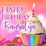 A vibrant birthday GIF featuring a rainbow-colored cupcake topped with white frosting, sprinkles, and a lit candle. The text reads 'Happy Birthday Kausalya' in bold pink and violet letters with white outline.
