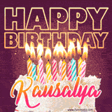 A colorful birthday cake topped with lit candles, with the words 'Happy Birthday Kausalya' in bold glowing letters on a burgundy background. Animated flames add a festive touch.