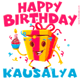 A vibrant and funny gift box character with a happy face dancing with a cupcake and the text 'Happy Birthday Kausalya,' surrounded by animated confetti and party vibes.