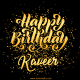 Animated GIF with colorful, festive 'Happy Birthday Kaveer' text decorated with patterns, a party hat, and falling confetti. A vibrant and cheerful design for birthday celebrations.