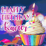 A festive animated GIF featuring a colorful cupcake with a single lit candle, sprinkles, and 'Happy Birthday Kaveer' text against a sparkling, celebratory background.