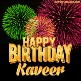 A captivating GIF with bursts of green, pink, and orange fireworks lighting up the night sky, accompanied by 'Happy Birthday Kaveer' in glowing golden text.