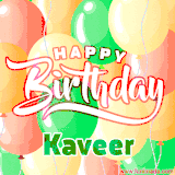 Animated GIF featuring colorful balloons in the background with the cheerful text 'Happy Birthday Kaveer'.