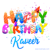 Animated GIF with colorful, festive 'Happy Birthday Kaveer' text decorated with patterns, a party hat, and falling confetti. A vibrant and cheerful design for birthday celebrations.