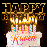 A vibrant animated GIF featuring a delicious birthday cake topped with glowing candles and the name 'Kaven' in elegant script, and the words 'Happy Birthday' on the black background.