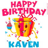 A funny animated birthday GIF with the words 'Happy Birthday Kavena', colorful gift box with arms and legs, holding a cupcake with a lit candle  with confetti everywhere.