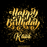 Animated GIF with colorful, festive 'Happy Birthday Kavi' text decorated with patterns, a party hat, and falling confetti. A vibrant and cheerful design for birthday celebrations.