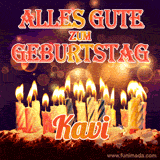 An animated GIF featuring 'Alles Gute Zum Geburtstag Kavi' in glowing red and gold letters above a cake with colorful lit candles, set against a festive sparkling background.