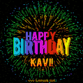 A colorful animated GIF featuring the text 'Happy Birthday Kavi!' in rainbow colors with a dynamic iridescent firework display in the background.