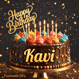 A birthday cake with colorful frosting swirls, burning candles, and the name Kavi on a dark, sparkly background.