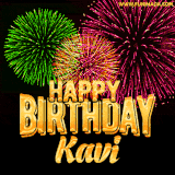 A captivating GIF with bursts of green, pink, and orange fireworks lighting up the night sky, accompanied by 'Happy Birthday Kavi' in glowing golden text.