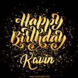 Animated GIF with colorful, festive 'Happy Birthday Kavin' text decorated with patterns, a party hat, and falling confetti. A vibrant and cheerful design for birthday celebrations.